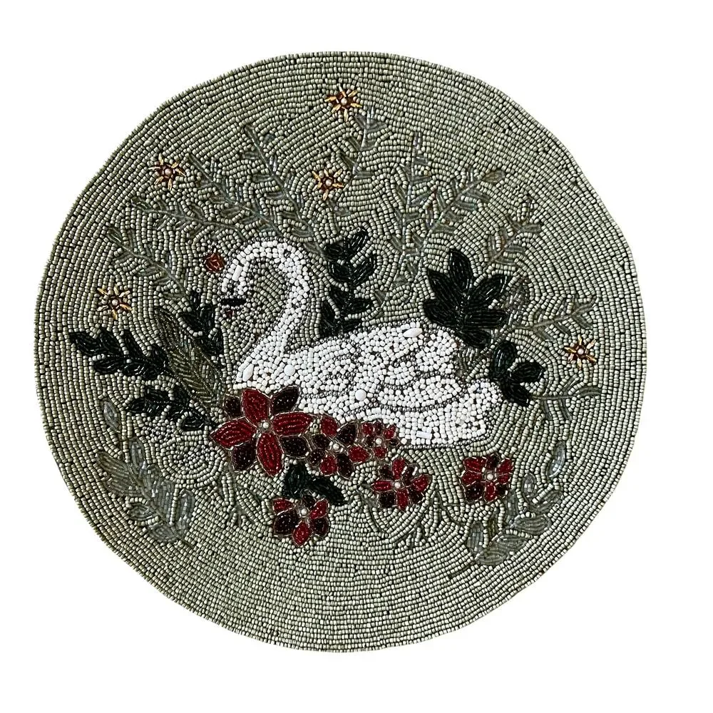 Tahari Beaded Swan Floral  Placemat Charger 15in Round Mossy Green New